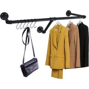 HouseAid 32 Inch Industrial Pipe Clothes Rack, Farmhouse Iron Garment Rack, Vintage Style Hanging Rod for Closet, Wall Mounted, Matte Black (Hooks Included)