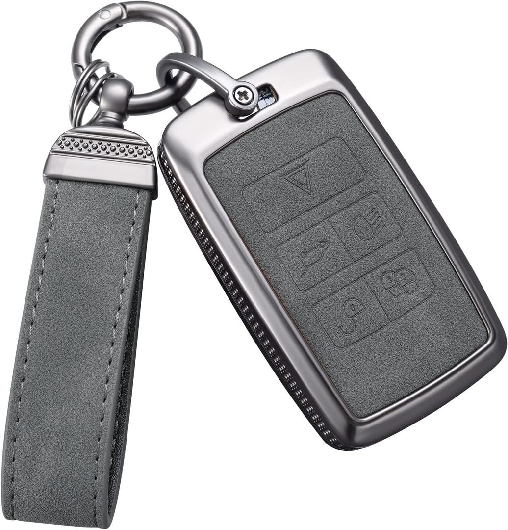 YO&YOYE for Land Rover Key Fob Cover with Keychain Leather Key Case Protector Compatible with Land Rover Vogue Range Discovery Rover Sport (Model2, Grey)