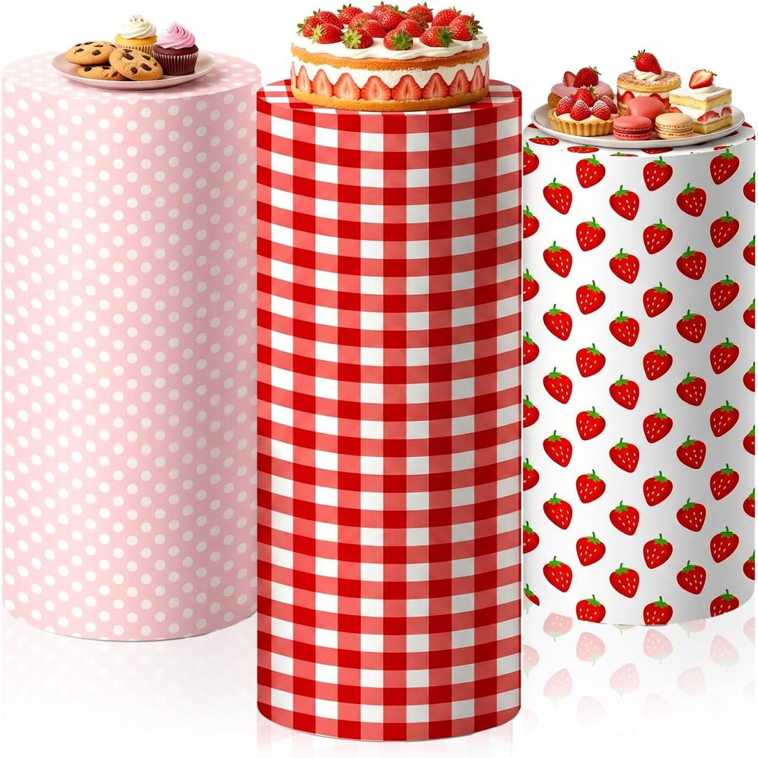 SmoothNovelty 3 Pcs Strawberry Cylinder Pedestal Stand Covers Spandex Plinth Strawberry Themed Cylinder Stand Covers for Birthday Party Wedding Shower Props Decor