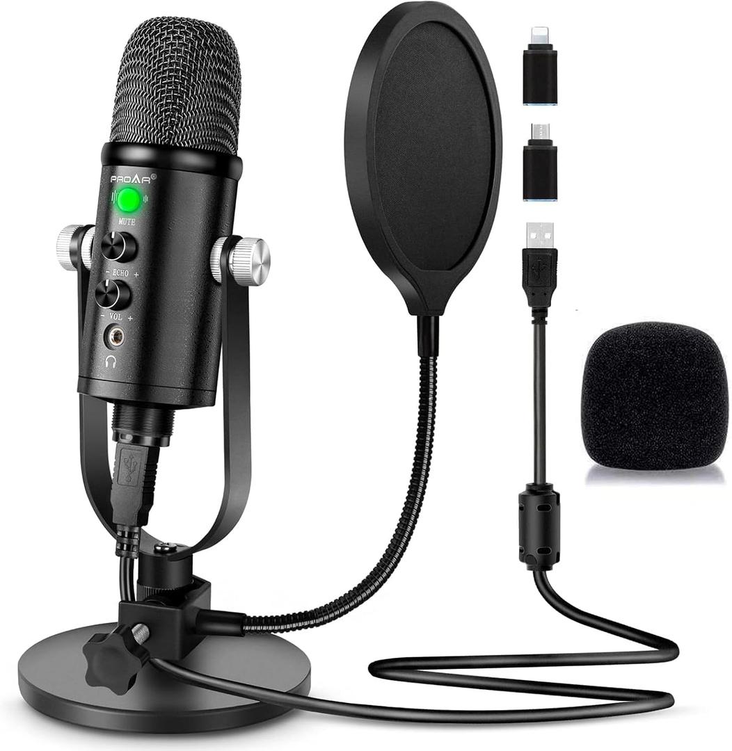 Microphone for Podcast, USB Microphone Kit for Phone, PC/Micro/Mac/Android,Professional Plug&Play Studio Mic with Stand for Gaming, Online Chatting, Videos, Voice Overs, Streaming