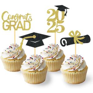 24Pcs Graduation Cupcake Toppers, Graduation Cupcake Picks for Cupcake Food Decorations - Class of 2025 Cupcake Toppers Supplies (Gold) (Yellow)