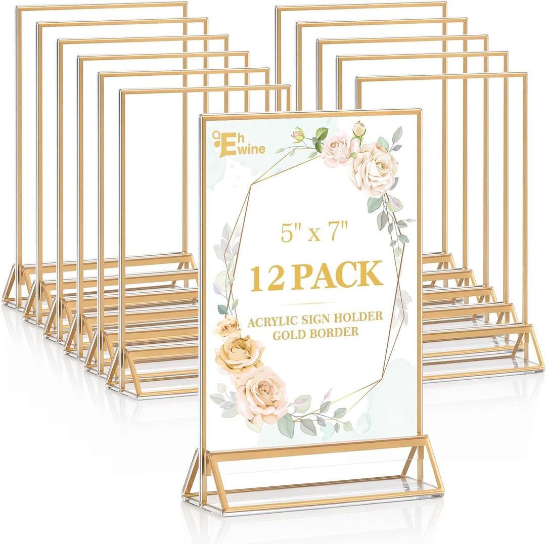 EHWINE 12 Pack Acrylic Sign Holder 5 x 7, Double Sided Gold Picture Frame Stand up Table Top Sign Holders, Clear Display Stand Menu Flyer Holder for Wedding Party (Provide Non-slip Mats)