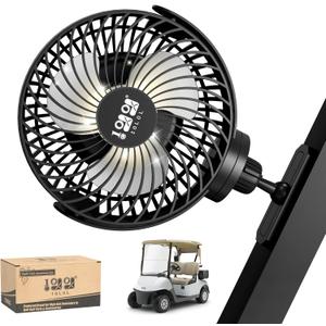 10L0L Rechargeable Golf Cart Fans - 60Hrs Runtime Big Battery Operated Portable Fan 360 Rotatable Head, Fits EZGO/Club Car/Yamaha Golf Cart with LED Light