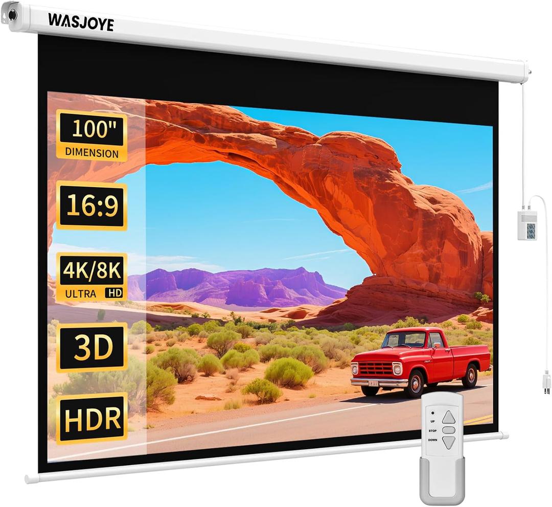 WASJOYE Motorized Projector Screen 100" - 16:9 Electric Projector Screen Wall/ Ceiling Mount with Remote Control - 8K 3D Projection Screen Dual Side Power Supply for Home Theater Office TV Game School