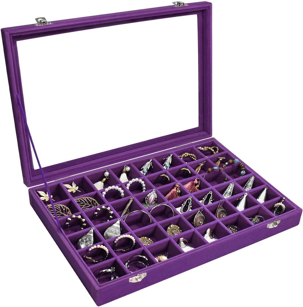Velvet Jewelry Tray 48 Grid Jewelry Display Tray Organizer Box with Transparent Lid Rings Earrings Necklaces Pendants Display Box Suitable for Women and Girls, (Purple)