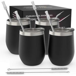 CHILLOUT LIFE 12 oz Stainless Steel Wine Tumblers 4 Pack - Double Wall Vacuum Insulated Wine Cups with Lids and Straws Set for Coffee, Wine, Cocktails - Powder Coated Black