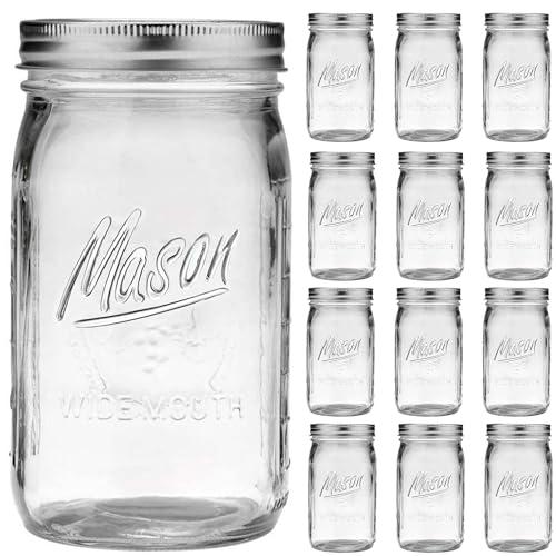 Esrentle Wide Mouth Mason Jars 32 oz - 12 Pack Large Glass Mason Jars with Airtight Lids and Bands, 1 Quart Glass Jars for Pickling, Canning, Fermenting and Food Storage, Microwave & Dishwasher Safe
