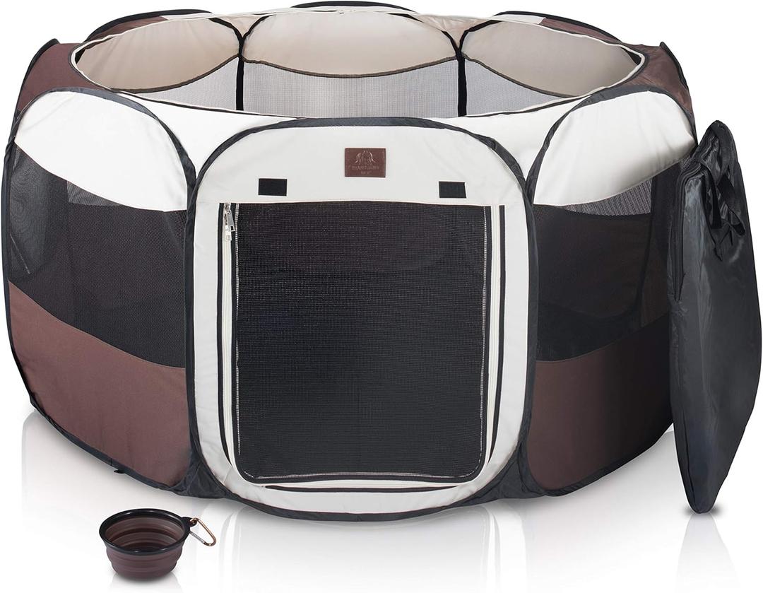 Parkland Pet Portable Foldable Playpen Exercise Kennel Dogs Cats Indoor/outdoor Removable Mesh Shade Cover, Carrying Case & Collapsible Travel Bowl (Large)