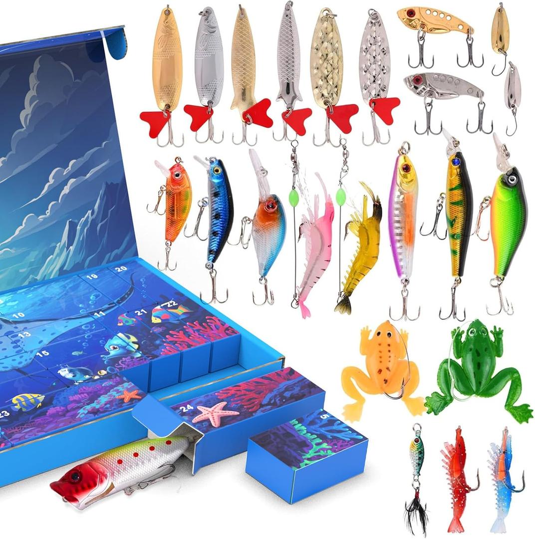 Advent Calendar Fishing Christmas Countdown - 24 Days Fishing Lures Set for Fisher Adult Men - 2025 Xmas Surprise Gift for Father, Grandpa