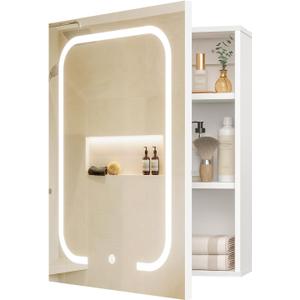 CHOEZON Lighted Bathroom Medicine Cabinet with Mirror, LED Bathroom Vanity Mirror with Storage, 3 Color Temperatures, Wall Mounted Bathroom Cabinet, Adjustable Shelves, Touch-Sensitive Control, White