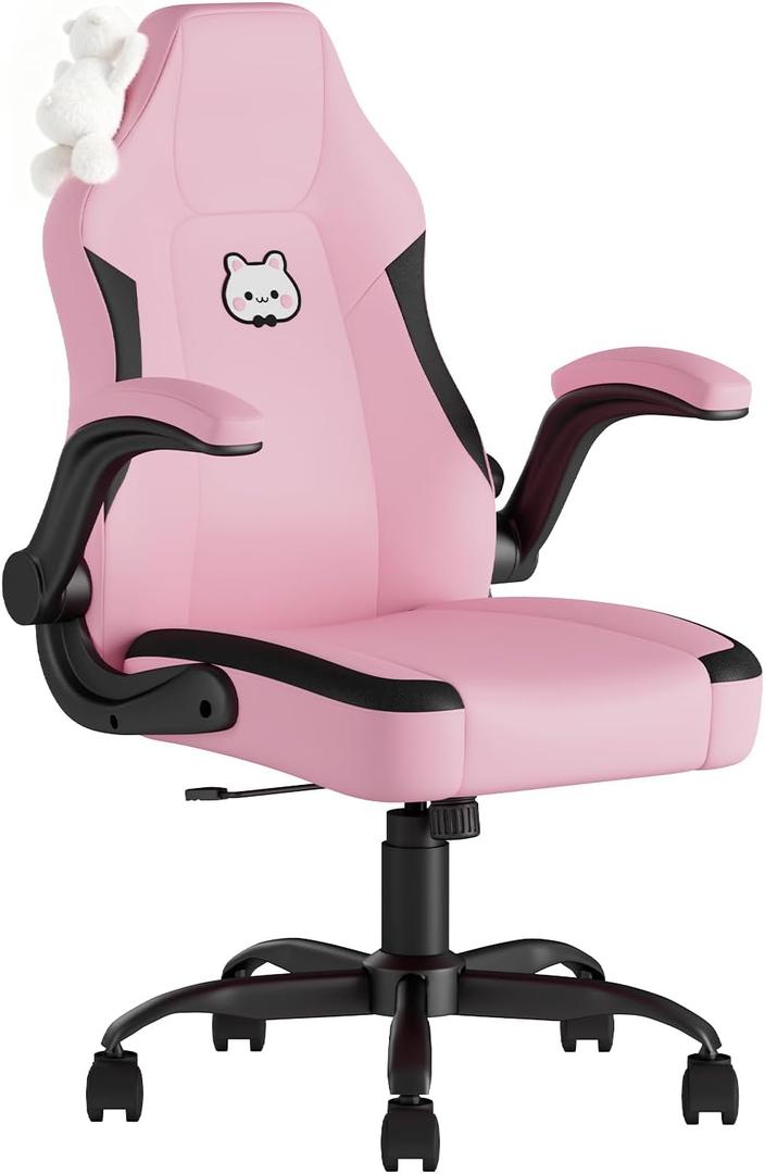 Pink Gaming Chair, Ergonomic Desk Office Chair with Lumbar Support, Computer Chair with Flip-up Armrests, Comfy Task Chair for Girls Women, Cute PC Video Game Chairs, PU Leather, Teens, Pink