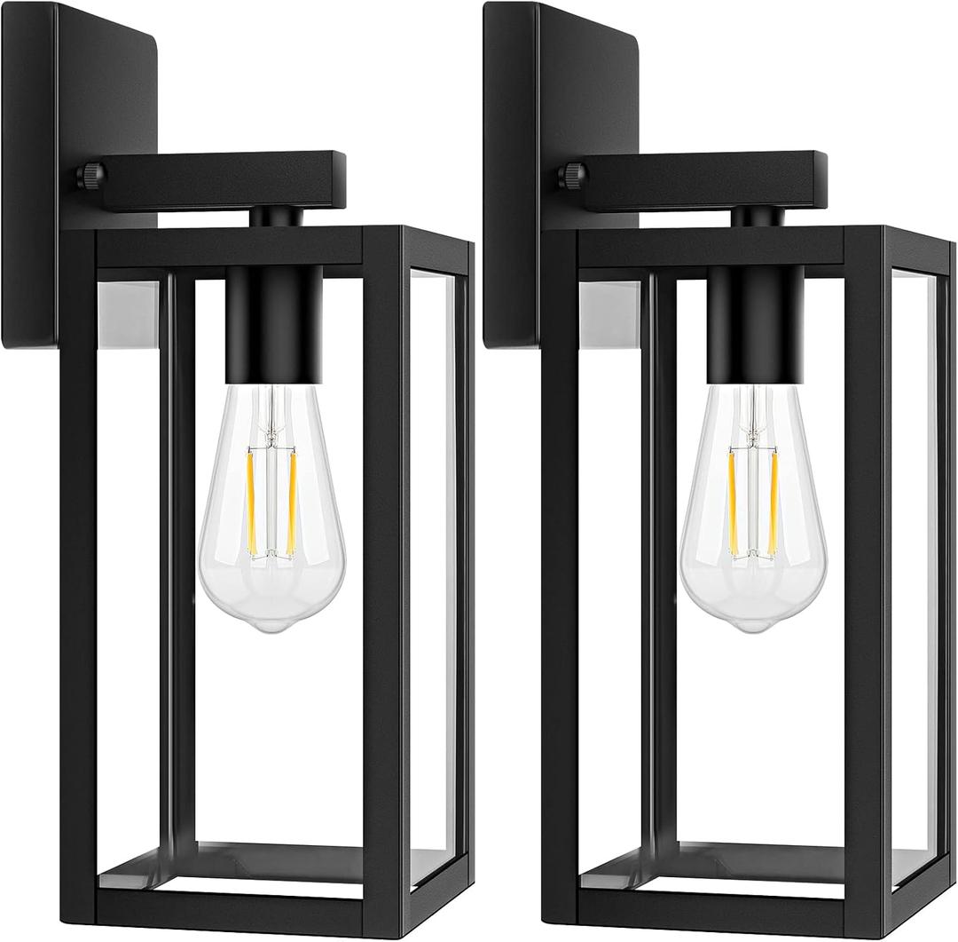 2-Pack Outdoor Light Fixtures Wall Mount, Waterproof Exterior Wall Lanterns with Clear Glass, Anti-Rust Outside Black Wall Sconces, Front Porch Lights for House Garage Doorway, Bulbs Not Included, 12.5inch