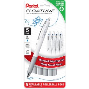 Pentel Floatune Retractable Rollerball, 1.0mm Bold Point, Blue Ink, 5-pk (BY210PF5C)