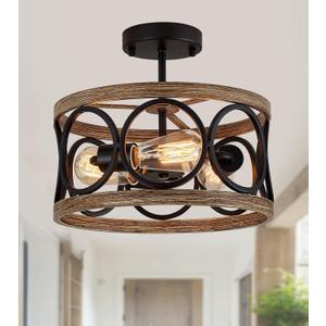 Semi Flush Mount Modern Farmhouse Ceiling Light Fixtures,3-Lights Black and Retro Wood Finish,Drum Shade Rustic Light Fixtures for Entryway Hallway Foyer Kitchen Dining Room Bedroom