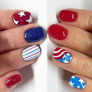 2 Packs 48Pcs Independence Day Press on Nails Short Square Fake Nails Stripe Star False Nail Patriotic Flag Patter Full Cover Acrylic Glue on Nail for Women 4th of July Manicure Decoration