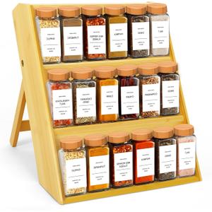 Bambition Bamboo Spice Rack Organizer, 3 Tier Folding Spice Shelf for Cabinet, Drawer or Countertop