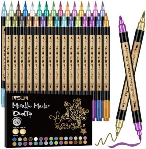 Metallic Marker Pens, 15 Colors Dual Tip Acrylic Paint Pens for Black Paper, Scrapbooking, Photo Album, Rock Painting, Paint Marker for DIY Arts & Crafts, Glass, Wood, Card Making, Scrapbook Supplies
