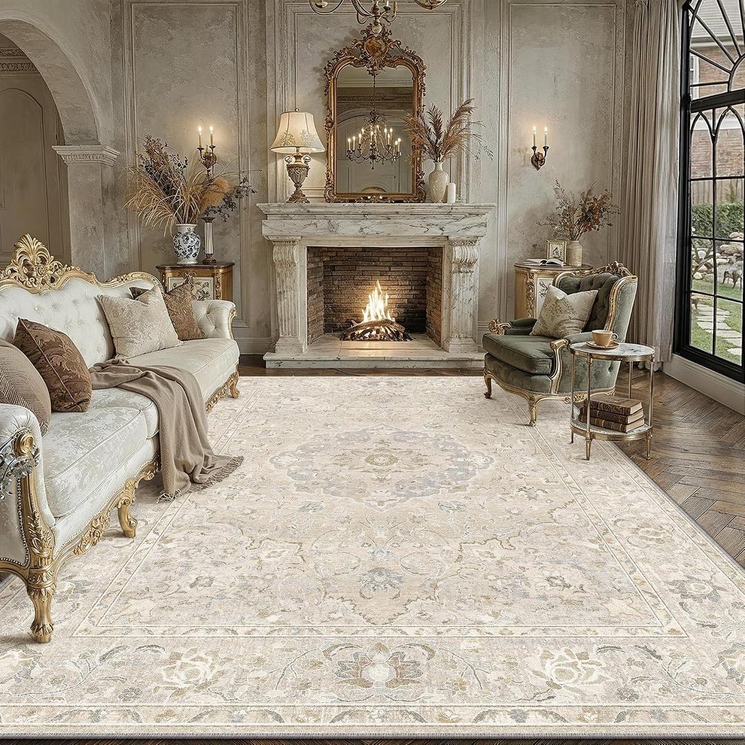 9x12 Beige Cream Washable Area Rug for Living Room Bedroom Neutral Floral Soft Low Pile Lightweight Throw Rug Non Slip Distressed Carpet Dining Room Nursery Classroom Playroom Home Decor