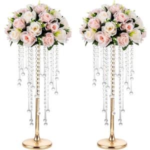 NUPTIO Wedding Centerpieces Gold Vases: 2 Pcs 21.7in Tall Crystal Flower Vase Metal Flowers Stand for Party Tables Decorations - Elegant Bulk Weddings Decoration Table Chandelier Centerpiece Stands