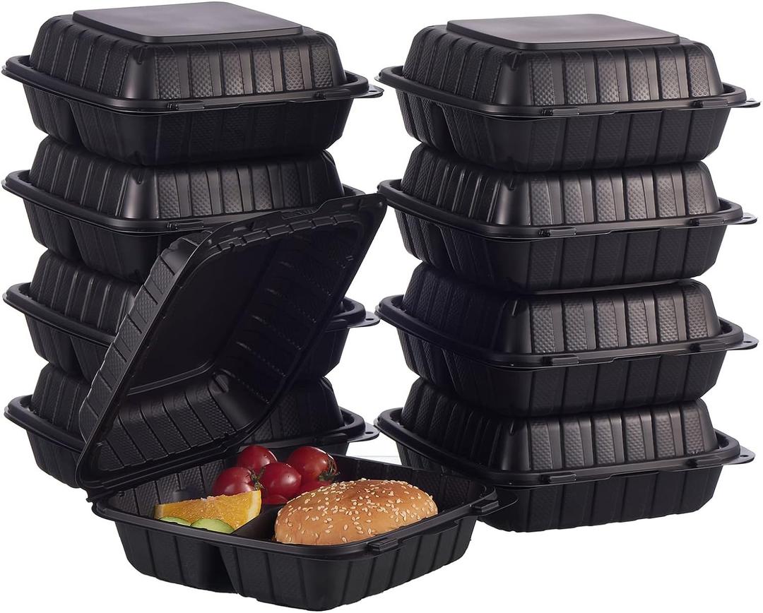 FULING [8x8-Inch, 50 Pieces, 3-Compartment Disposable To Go Box Containers, Plastic Clamshell Takeout Food Trays, Microwave Safe, Cut Resistantstable Hinged Lid, Hybrid Polypropylene, Black