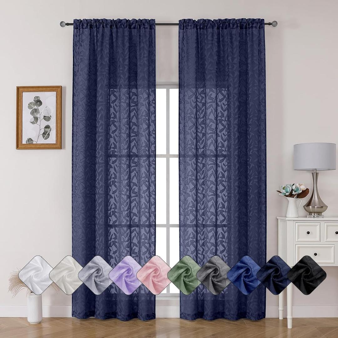 Chyhomenyc Sheer Curtains 96 Inch Long 2 Panels Set, Light Filtering Burnout Textured Living Room Curtains, Dual Rod Pocket Farmhouse Jacquard Clip Bedroom Curtains, Navy Blue, 42" Wx96 L Inch