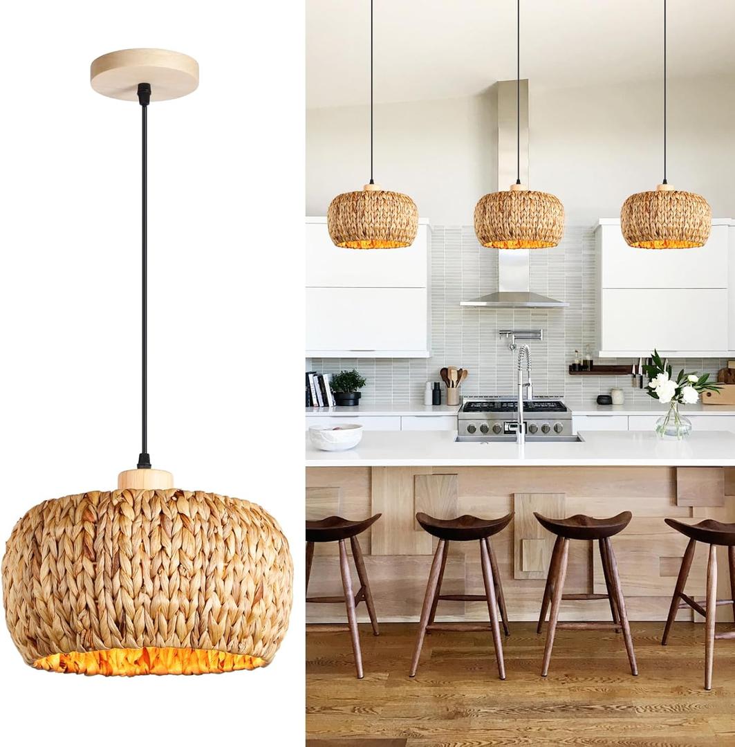 Boho Pendant Lights Kitchen Island, 11.8" Bohemian Rattan Hand-Woven Light Fixture Natural Seagrass Weaving Lighting Hanging Ceiling Chandelier for Restaurants Living Dining Room Farmhouse, Pack of 1 