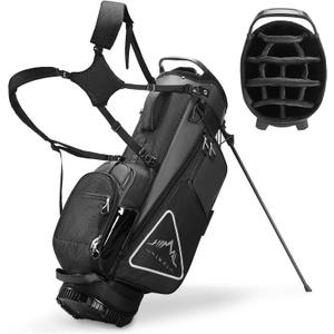 14-Way Golf Stand Bag, Full Length Premium PU Leather Golf Bag with Plush Top, Magnetic Pocket, Dual Strap and Rain Cover for Men (Black)