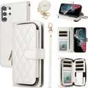 Wallet Case for Samsung Galaxy S23 Ultra 5G with Detachable Wrist Strap, 9+ Card Slots Zipper Purse, Luxury PU Leather Stand Full Body Phone Cover for S23Ultra 23S S 23 23Ultra 6.8 inch White