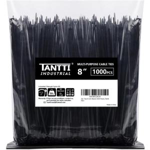 Zip Ties 8 inch Black Zip Ties 1000 Pack, Wire Ties with 50lb Tensile Strength, UV Resistant Cable Ties, Self-locking Plastic Ties for Indoor and Outdoor Use, by Tantti.
