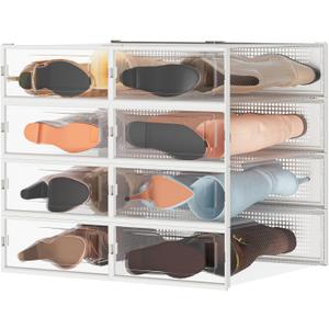 8 Pack Stackable Shoe Storage Boxes, Plastic Shoe Organizer Drawers Bins for Closet, Ventilated Shoe Containers with Lids for Sneakers, Heels and Boots, Clear