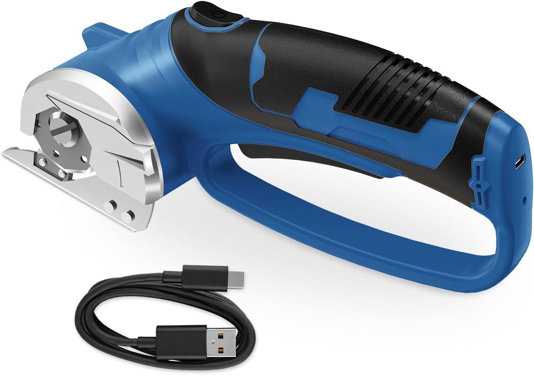 Cordless Electric Scissors, 4V Rechargeable Box Cutter & Cardboard Cutter with Titanium Blade, LED Light, Safety Lock - Rotary Cutter for Fabric, Leather, Carpet, Plastic, Crafting, Sewing(Slate Blue)