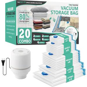 Cozy Essential 20 Pack Vacuum Storage Bags with Electric Pump, Vacuum Seal Space Saver Bags for Clothing, Pillows, Blanket, Bedding, Comforters