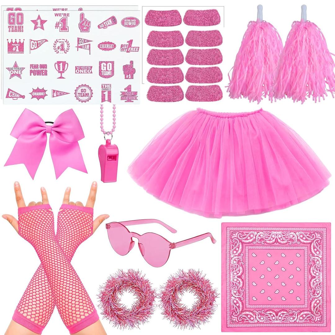 Ramede 21 Pcs Pink Spirit Wear Girls Team Spirit Day Accessories Field Camp Day Color War Accessories Pep Rally Supplies Camp Game Color Team Items Bulk Tutu Noisemaker Stickers for Sport