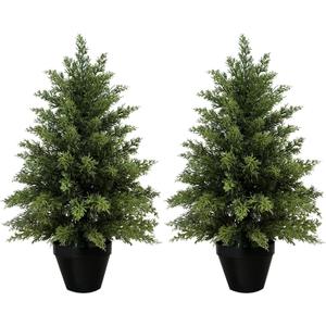 2 Feet Pre-Potted Evergreen Outdoor Artificial Cedar Tree for Front Porch Decor, Outdoor Entryway Decor Fake Tree, Tall Faux Tree with UV Resistant Coating (2 Pack)