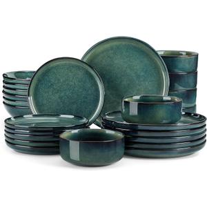 vancasso Starry Plates and Bowls Sets for 6, 24 Pieces Dinnerware Sets, Green Reactive Glaze Dishes Sets for Kitchen, Scratch Resistant Stoneware Dishes Set, Dishwasher and Microwave Safe