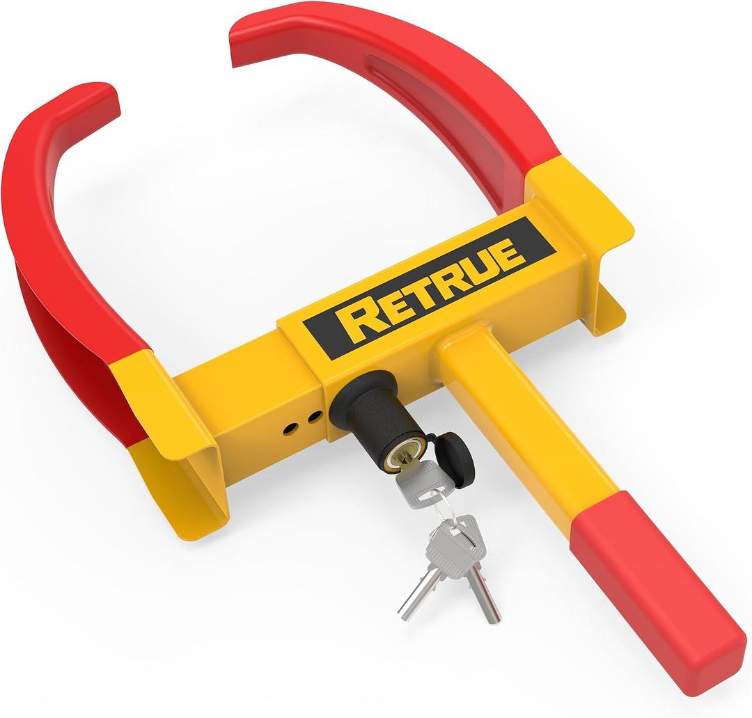 RETRUE Trailer Wheel Lock Clamp, Heavy Duty Anti-Theft Wheel Boot Lock for Cars, Trailers, RVs, Campers, SUVs, Motorcycles, Adjustable Fit 7–11 Inch Tires, High Visibility Yellow & Red