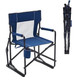 Folding Rocking Chair for Adults - Outdoor Camping and Lawn Chair with Breathable Mesh, Detachable Waterproof Armrests and Cup Holder Portable Travel Seat, Navy Blue, 24.84*24.57*36.22inch