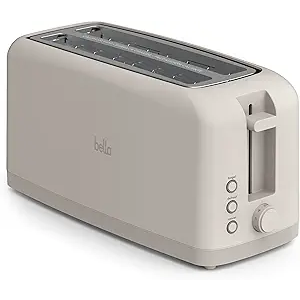 bella 4 Slice Slim Toaster, Fitsanywhere™ Kitchenware, 6 Setting Shade Control with Reheat & Cancel Buttons, Fits Sourdough, 10” Long Slot, Anti Jam & Auto Shutoff, 900 Watt, Oatmilk