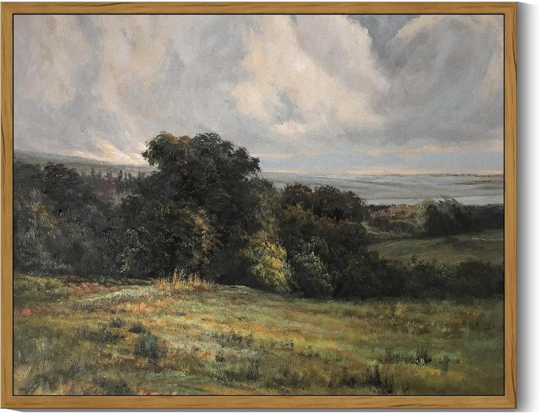 SHENIFY Vintage Landscape Framed Wall Art Rustic Countryside Meadow Farmhouse Decor Retro Vast Grassland Painting for Kitchen Living Room Bedroom Bathroom - 11x14in Natural Framed (Brown)