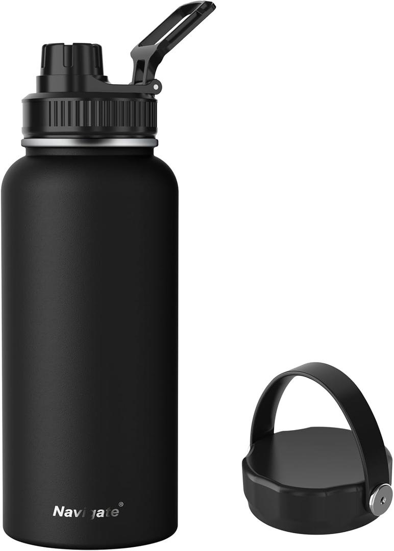 Navigate 32 oz Insulated Stainless Steel Sports Water Bottle with Spout & Handle Lids,Wide Mouth Water Jug with Double Walled Leak Proof Keep Cold for 24 Hrs Hot for 12 Hrs,Black