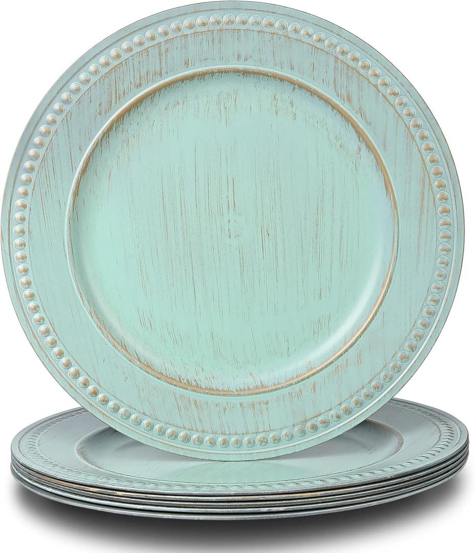 13" Vintage Charger Plates, Turquoise Beaded Chargers for Dinner Plates Set of 6, Reusable Decorative Charger Plate Set Bulk Wedding, Suitable for Easter, Anniversaries, Valentine's Day, Baby Shower