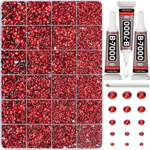 33000Pcs Red Rhinestones for Bedazzling, 2,3,4,5,6mm Siam Bedazzler Kit with Flatback Crystals Bulk and B7000 Glue, Resin Flat Back Diamonds Jewels Gems for Craftings Crafts Clothes Shoes