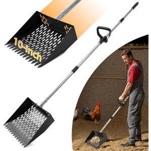 Chicken Poop Scooper & Rake 2-in-1, 10inch Metal Coop Shovel, Sand Sifting Shovel with 35"-62" Long Adjustable Stainless Steel Handle,Cleaning Tools for Chicken Coop Accessories & Farm Livestock Scoop