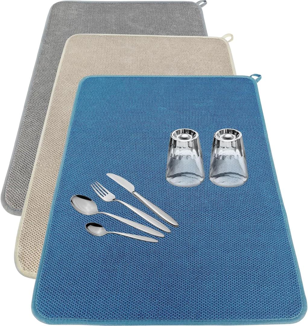3 Pack Microfiber Dish Drying Mats,Ultra Absorbent Dish Drainer Mats,20x15" Large Size Kitchen Quick Dry Pads for Counter,Under Sink,Coffee Rack(Blue,Beige,Gray)