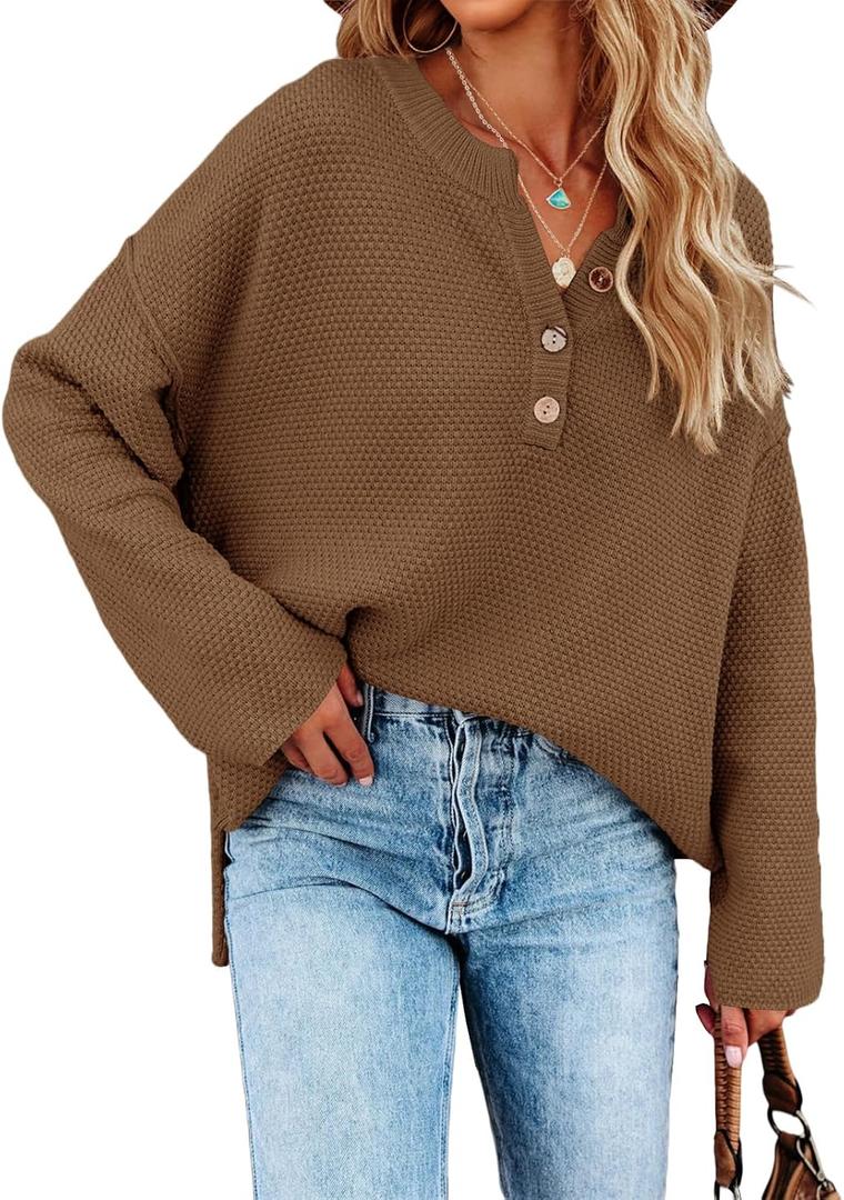 Saodimallsu Womens V Neck Oversized Sweaters Batwing Long Sleeve Button Up Henley Tops Pullover Loose Chunky Knit Jumper Small