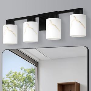 4-Light Bathroom Light Fixtures, Modern Vanity Lights, Black Metal Wall Lamp with White Marble Glass for Bathroom, Mirror, Living Room, Bedroom, Cabinet, Porch, Hallway, E26 Base