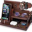 TESLYAR Wood Phone Docking Station for Men - Desk or Nightstand Organizer - Birthday Gifts for Husband, Dad - Anniversary Idea from Wife - Key Holder, Stand Wallet, Watch & Essentials (Bourbon Brown)