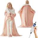 Electric Blanket Wearable with Foot Pockets & Sleeves, Electric Heated Snuggle Blanket, Flannel & Sherpa Heating Throw with 10 Heat Settings, 1-12 Hours Auto Shut-Off, 50"70", Pink
