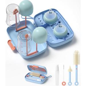 Momcozy Bottle Brush Set - Baby Bottle Cleaner Kit with Silicone Brush, Nipple Brush, Straw Brush, Soap Dispenser, Drying Rack - 7 in 1 Bottle Cleaning Tool for Home and Travel (Classic Style, Blue)