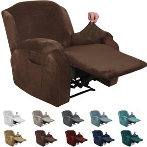 MAXIJIN Velvet 4 Piece Recliner Cover Stretch Plush Soft Recliner Chair Covers Thick Soft Reclining Chair Slipcovers Furniture Protector with Side Pocket for Kids, Pets (Recliner,Dark Coffee)